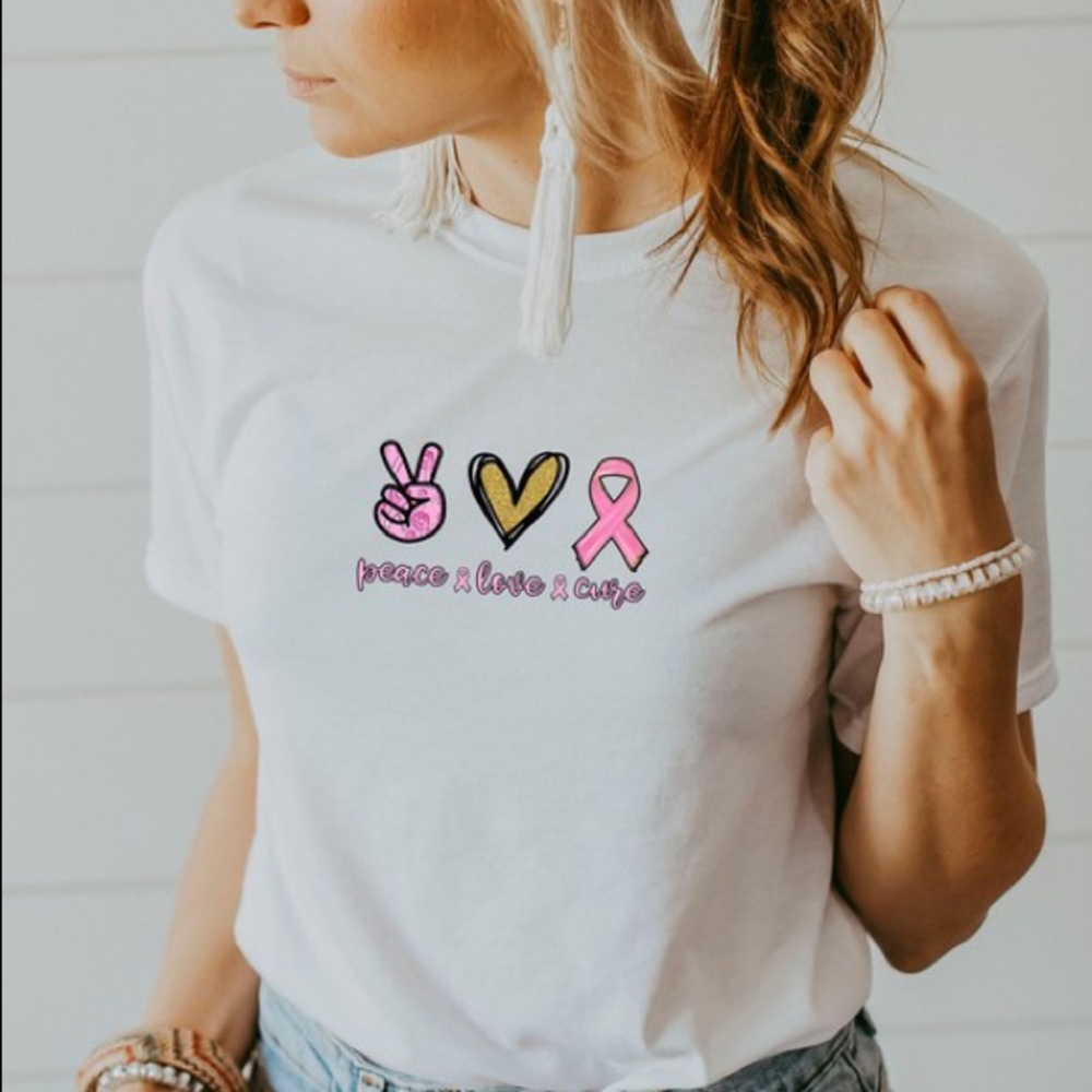 Breast Cancer Pink Ribbon Peace Love Cure Premium Graphic Tee Sublimation Ink - Picture 7 of 8